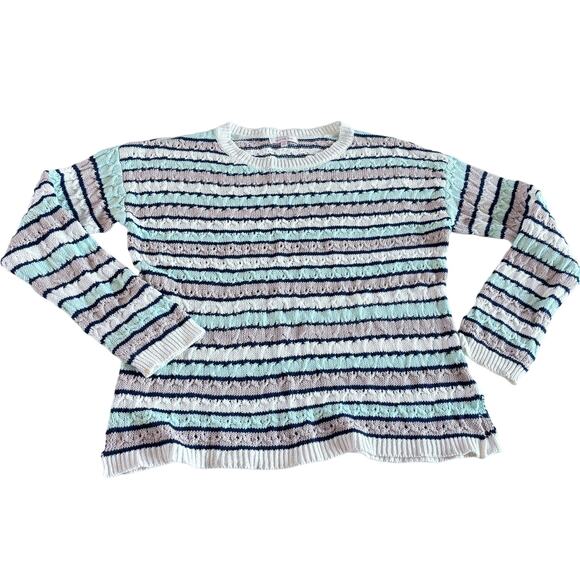 Skies Are Blue Women's Medium Knit Sweater Striped Blue Brown - Picture 1 of 10